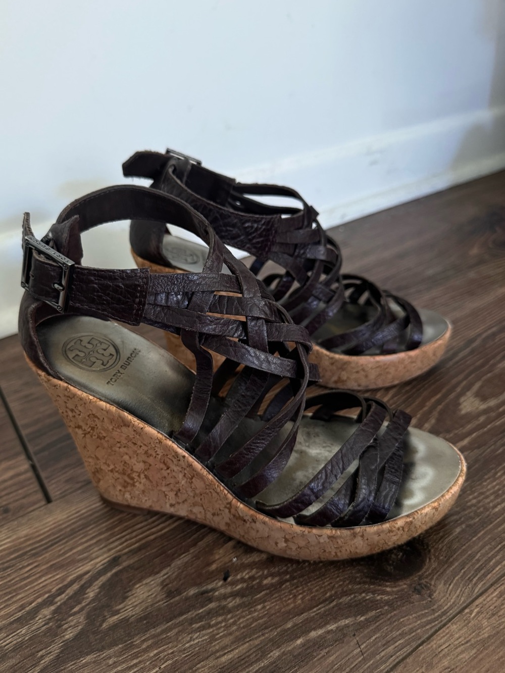 Tory Burch Dark Brown Leather Woven Cork Wedge Sandals